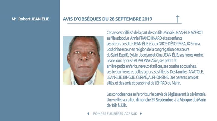 AVIS D'OBSEQUES 28 SEPTEMBRE 2019